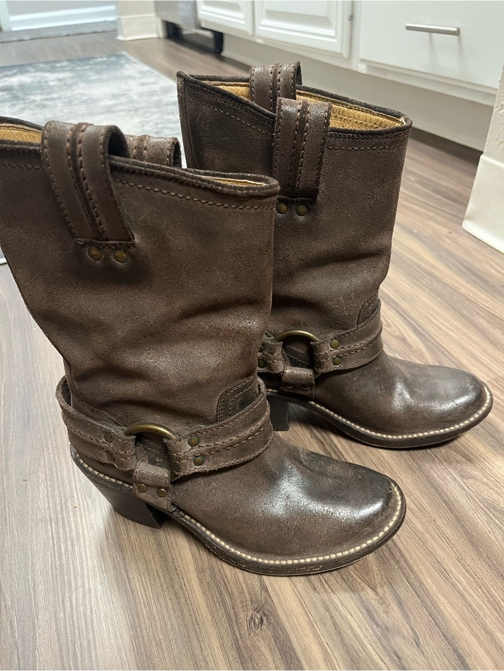 Women's Frye Brown Leather Mid-Calf Harness motorcycle Boots